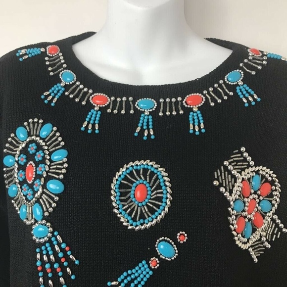 Vtg Studio Collection Sweater Black Jewel Turqoise - Picture 2 of 8
